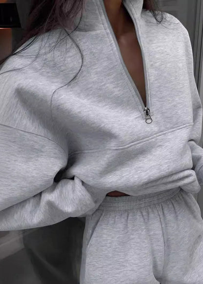 Grey Zip Up Cotton Sets 2 Pieces Spring