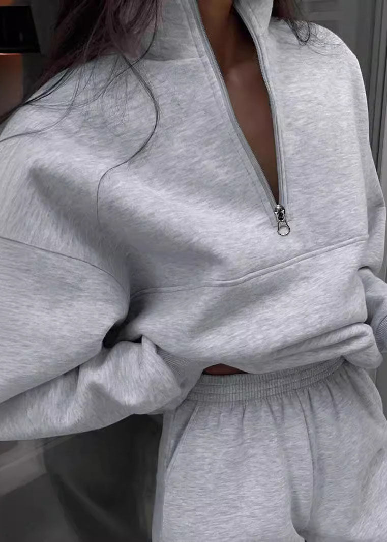 Grey Zip Up Cotton Sets 2 Pieces Spring