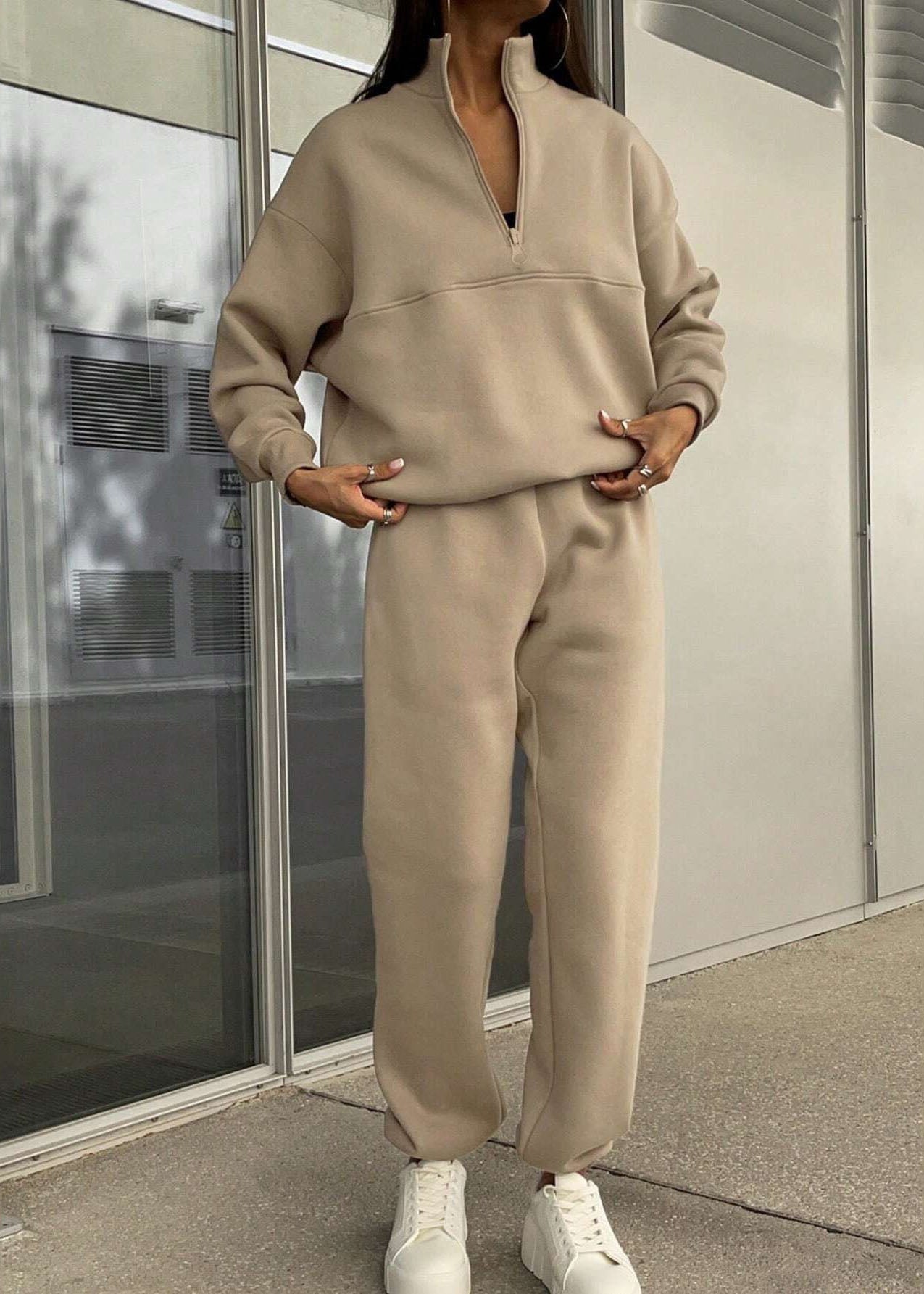 Grey Zip Up Cotton Sets 2 Pieces Spring