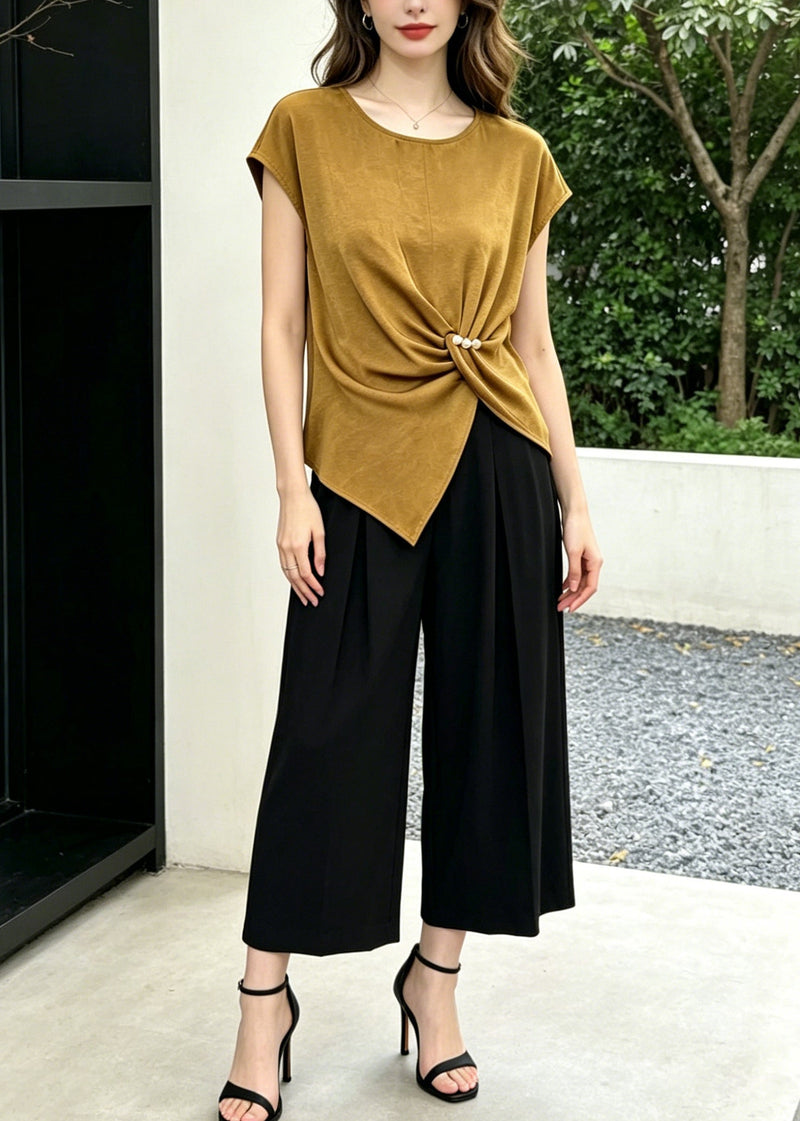 Khaki Asymmetrical Cotton Silk Two Piece Set Clothing Summer