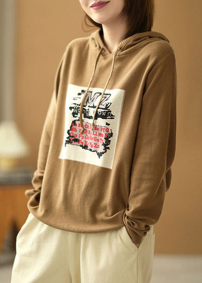 Khaki Hooded Drawstring Print Fall Knit Sweater