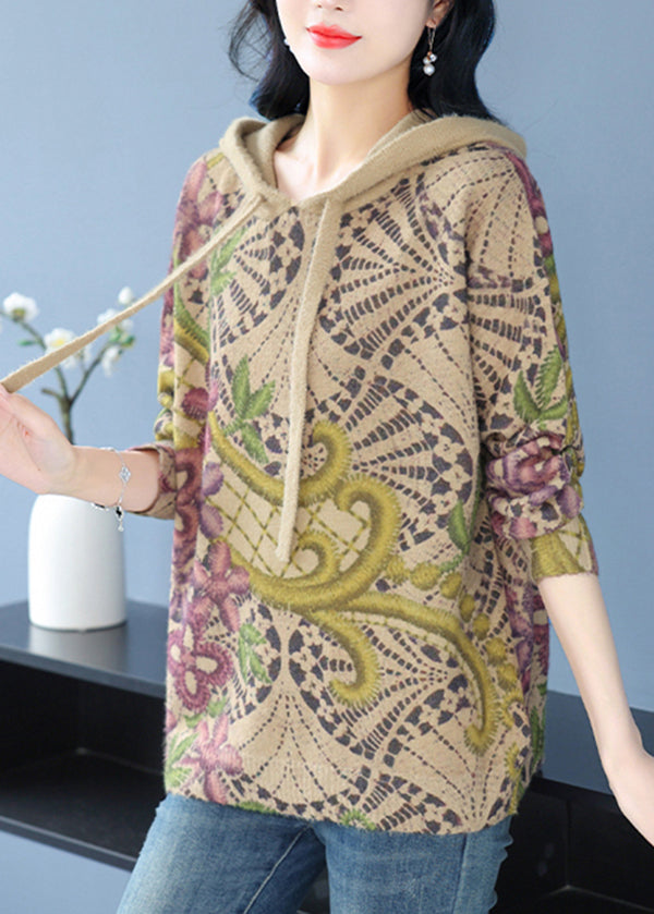 Khaki Hooded Print Woolen Knit Pullover Spring