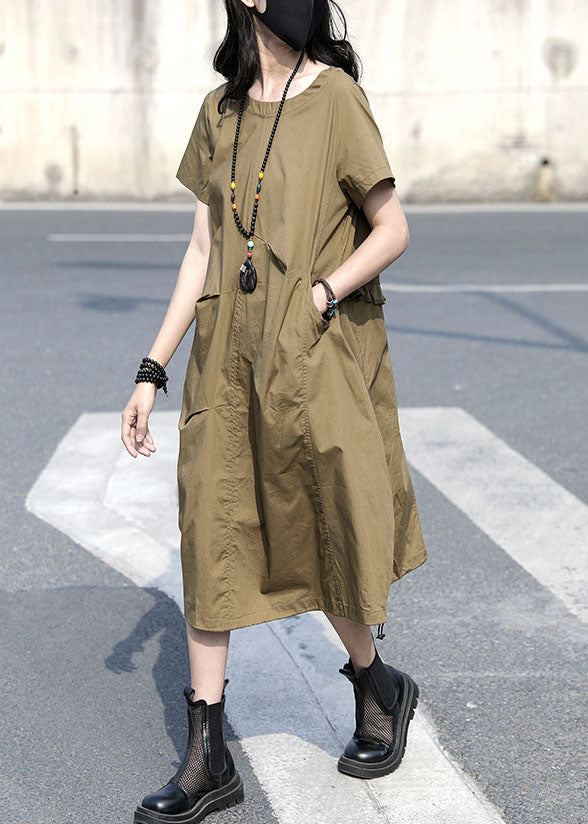 Khaki O Neck Ruffled Patchwork Cotton Dress Summer