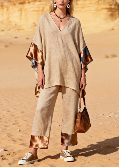 Khaki Oversized Patchwork Silk Linen Two Pieces Set Summer