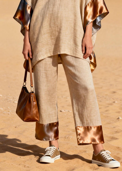Khaki Oversized Patchwork Silk Linen Two Pieces Set Summer