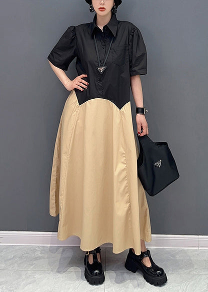 Khaki Peter Pan Collar Patchwork Cotton Maxi Dress Summer