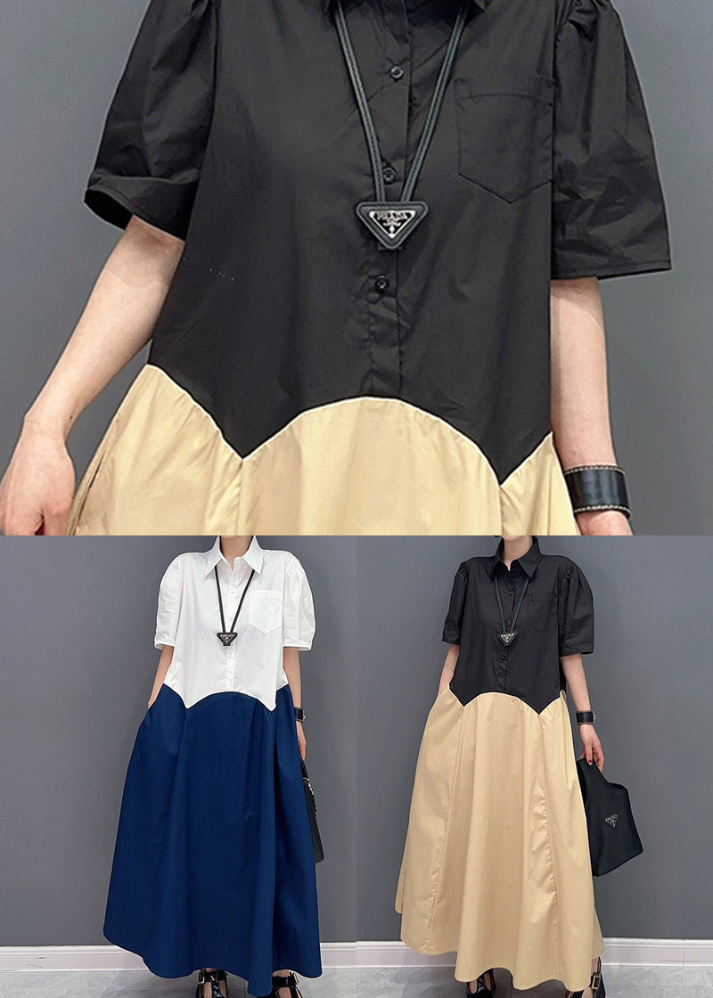 Khaki Peter Pan Collar Patchwork Cotton Maxi Dress Summer