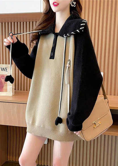Khaki Peter Pan Collar Patchwork Warm Knit Pullover Winter