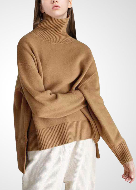 Khaki Turtle Neck Low High Design Cozy Wool Knit Pullover Winter
