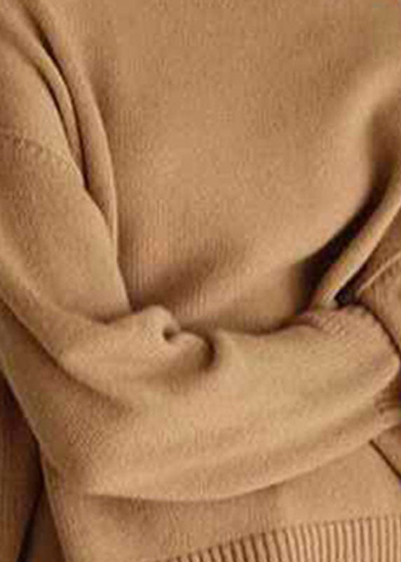 Khaki Turtle Neck Low High Design Cozy Wool Knit Pullover Winter