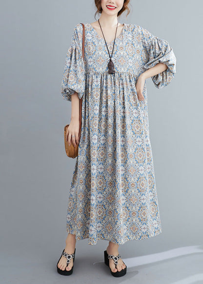 Light Blue Print Wrinkled Long Dresses Lantern Sleeve