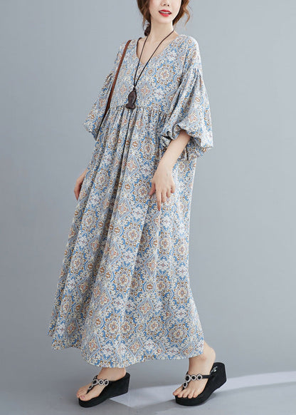 Light Blue Print Wrinkled Long Dresses Lantern Sleeve