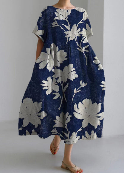 Light Green O-neck Print Long Dresses Short Sleeve