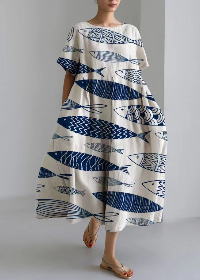Light Green O-neck Print Long Dresses Short Sleeve