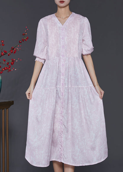 Light Purple Print Wrinkled Cotton Dress Summer