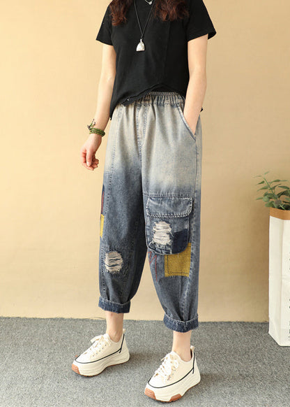 Loose Gradient Color Elastic Waist Ripped Jeans Summer