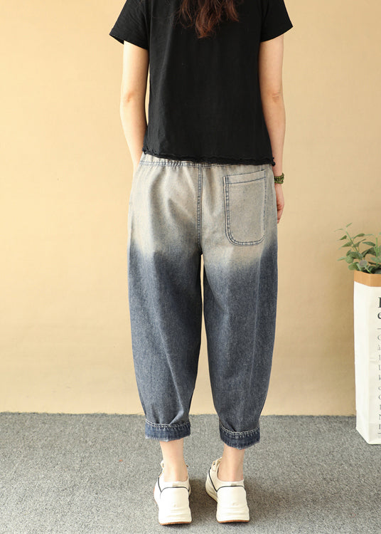 Loose Gradient Color Elastic Waist Ripped Jeans Summer