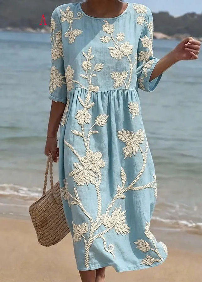 Loose O Neck Print Cotton Long Dress Summer