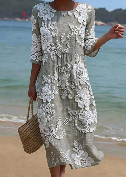 Loose O Neck Print Cotton Long Dress Summer