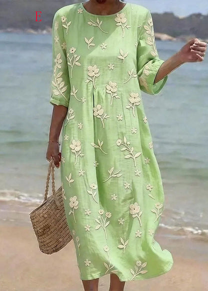 Loose O Neck Print Cotton Long Dress Summer