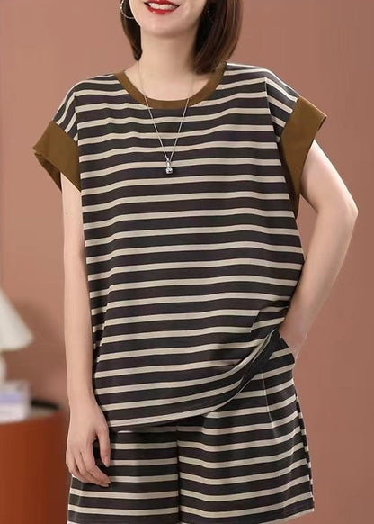Loose O Neck Striped Cotton Two Pieces Set Summer