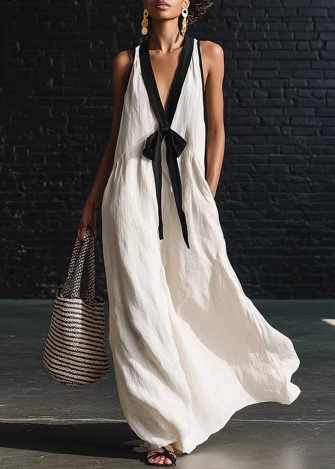 Loose White V Neck Patchwork Cotton Dresses Sleeveless