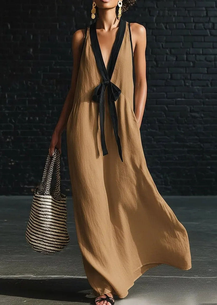 Loose White V Neck Patchwork Cotton Dresses Sleeveless