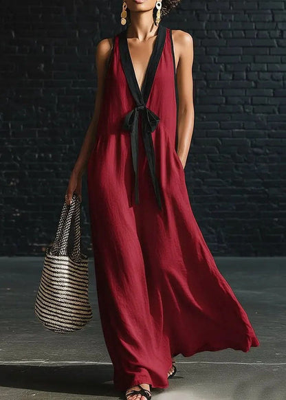 Loose White V Neck Patchwork Cotton Dresses Sleeveless