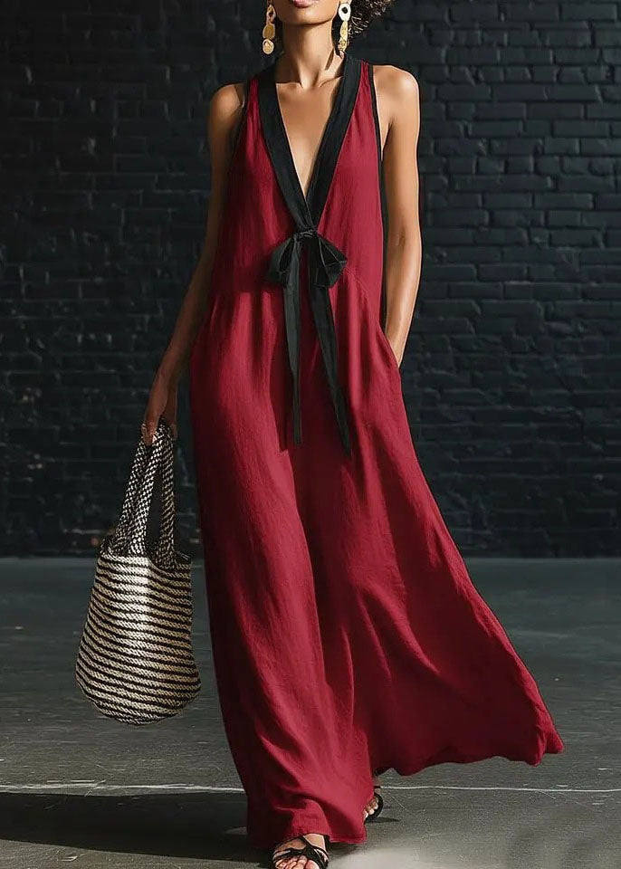 Loose White V Neck Patchwork Cotton Dresses Sleeveless