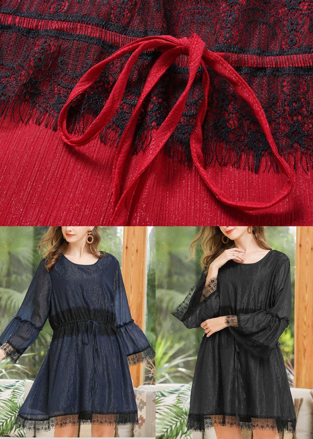 Navy O-neck Chiffon Flare Sleeve Spring Mid Dress
