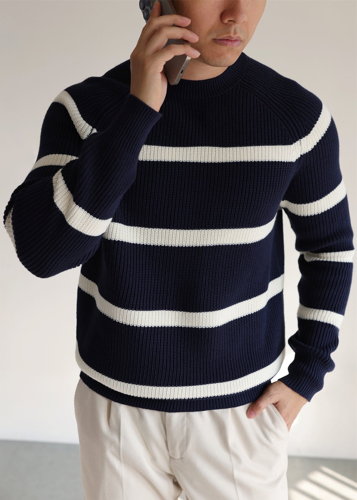 Navy O Neck Striped Cozy Knit Sweaters Winter