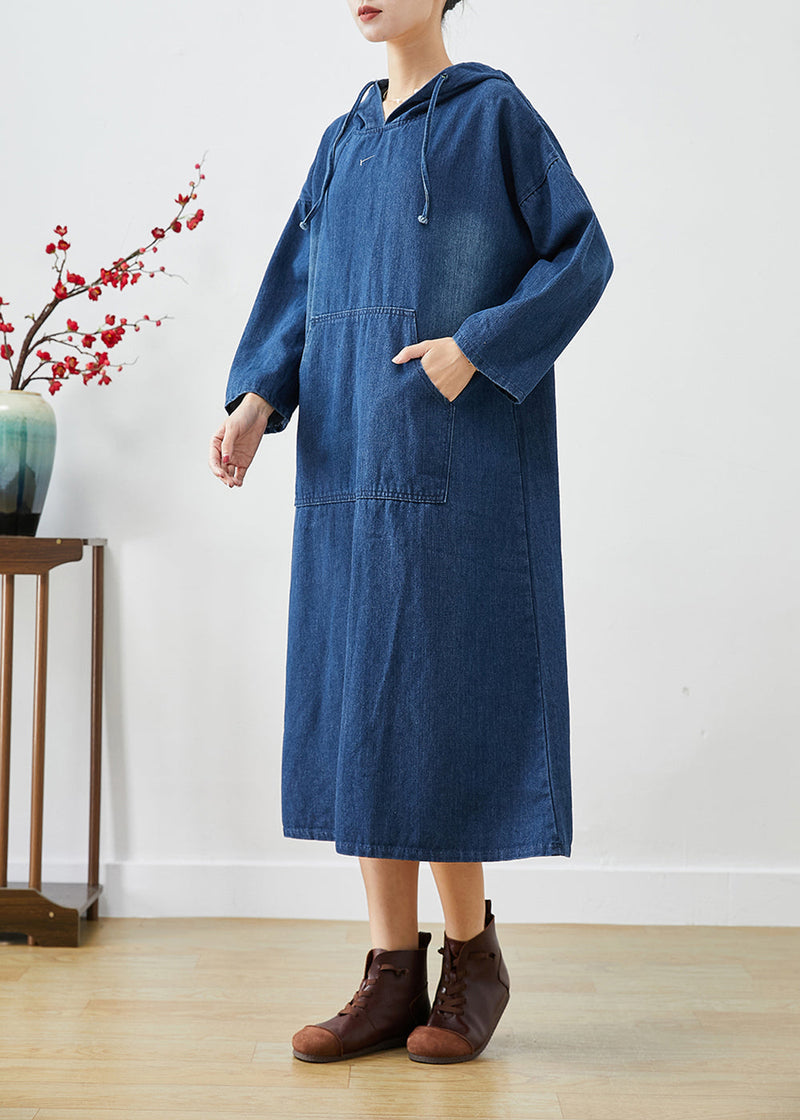 Navy Oversized Hooded Denim Vacation Dresses Fall