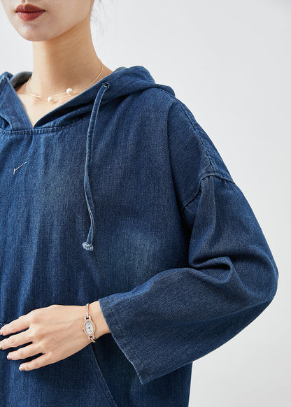 Navy Oversized Hooded Denim Vacation Dresses Fall