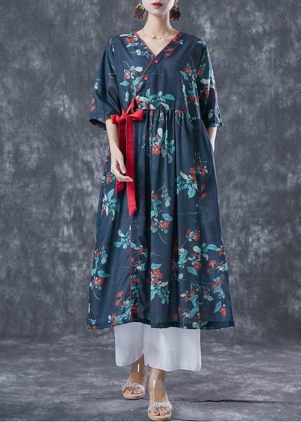Navy Oversized Print Lace Up Linen Dresses Summer