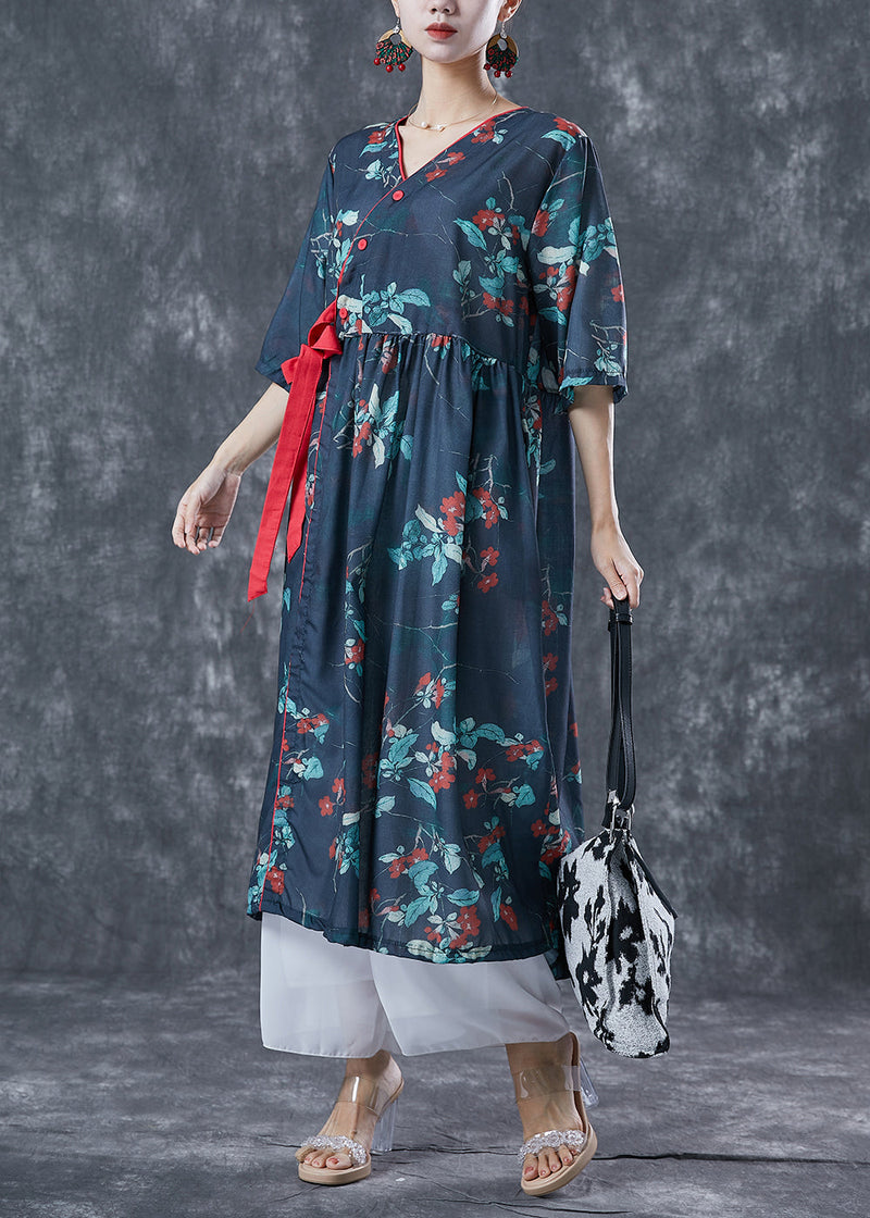 Navy Oversized Print Lace Up Linen Dresses Summer