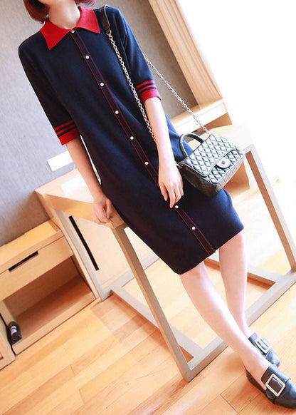 Navy Peter Pan Collar Button Knitted Dresses Half Sleeve