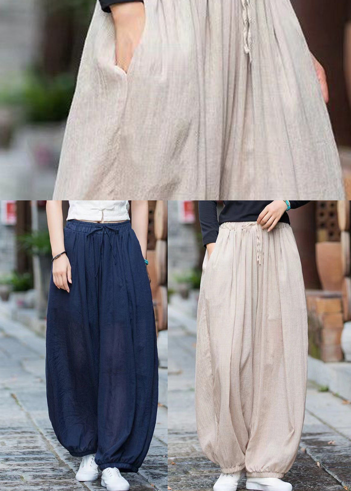 Navy Pockets Elastic Waist Cotton Lantern Pants Summer