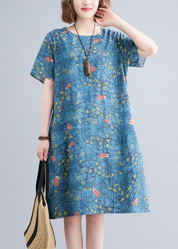 Number One Flower O-neck Print Pockets Dress Short Sleeve