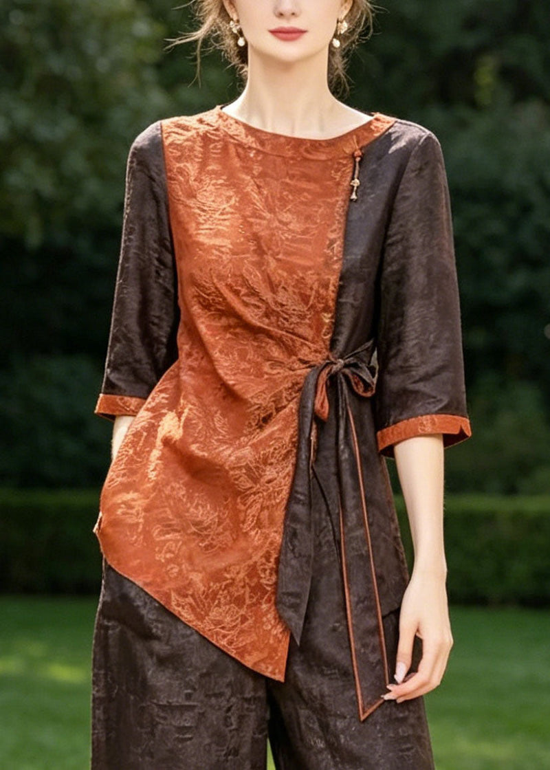 Orange Asymmetrical Patchwork Jacquard Two Piece Suit Set Half Sleeve