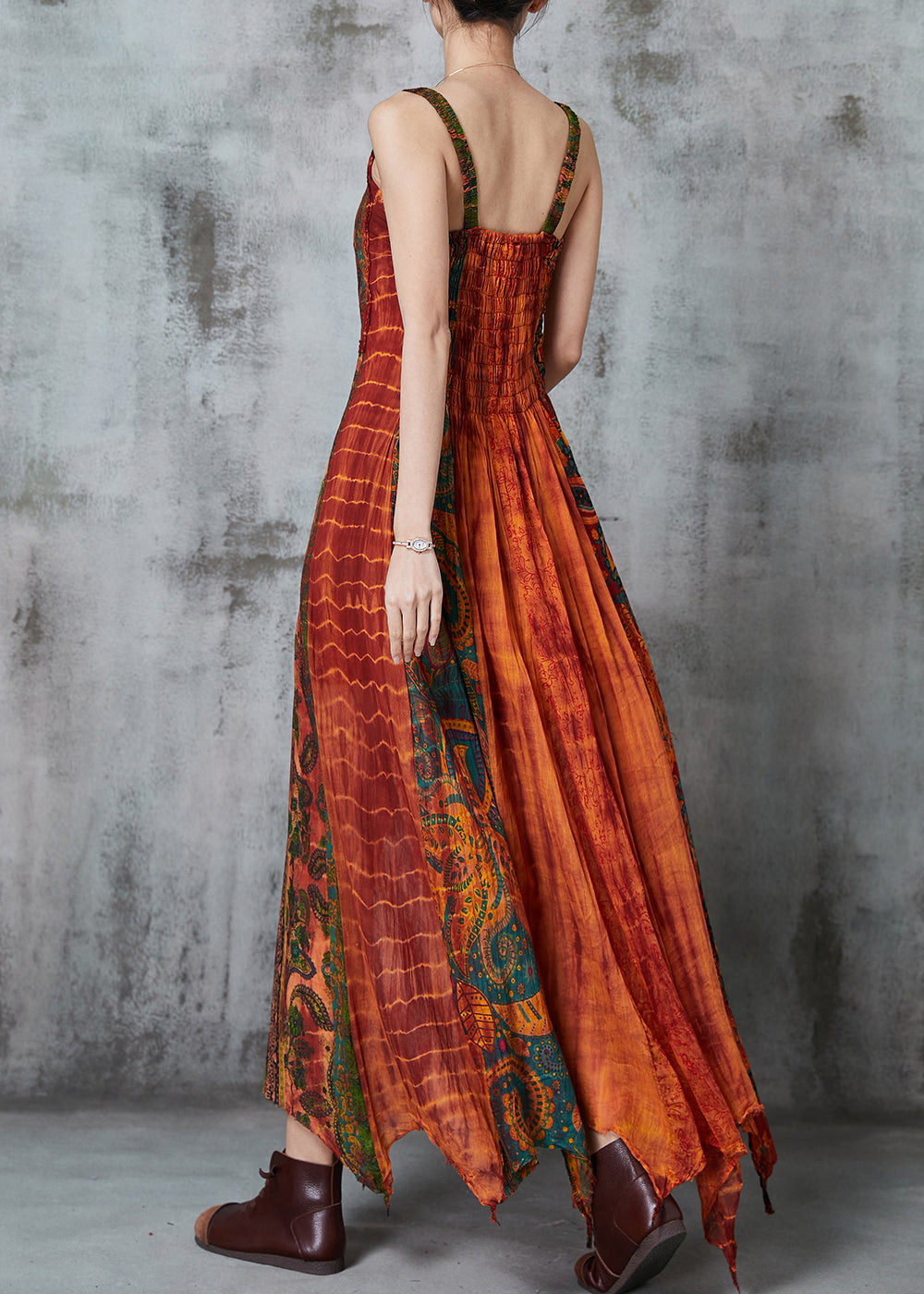 Orange Asymmetrical Print Cotton Holiday Dress Summer