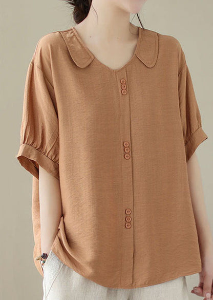Orange Peter Pan Collar Patchwork Cotton Shirt Tops Summer