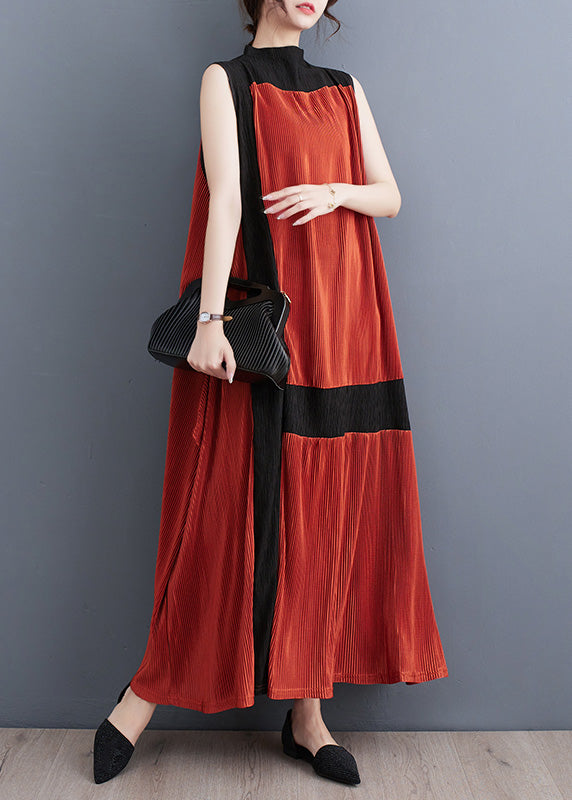 Orange Turtleneck Patchwork Wrinkled Maxi Dress Sleeveless