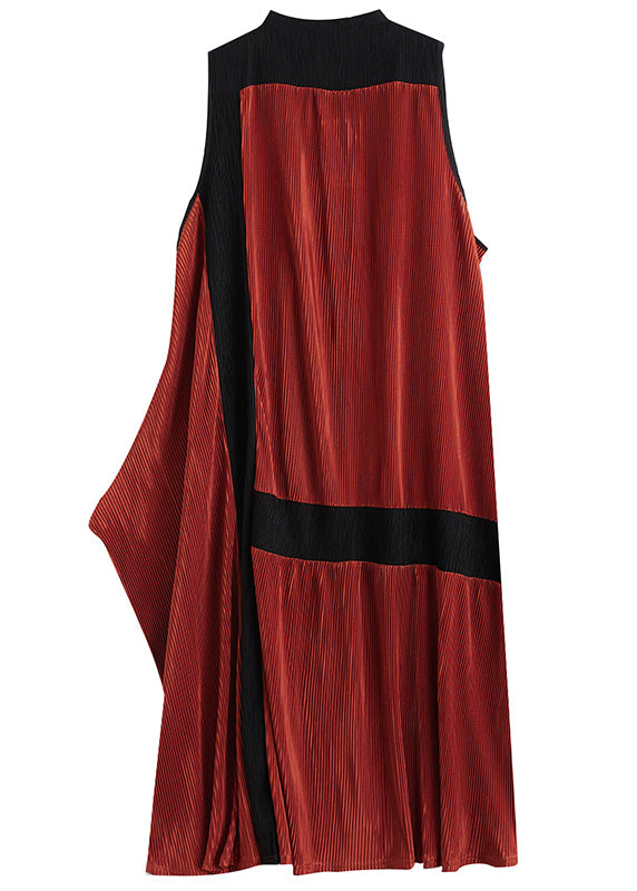 Orange Turtleneck Patchwork Wrinkled Maxi Dress Sleeveless