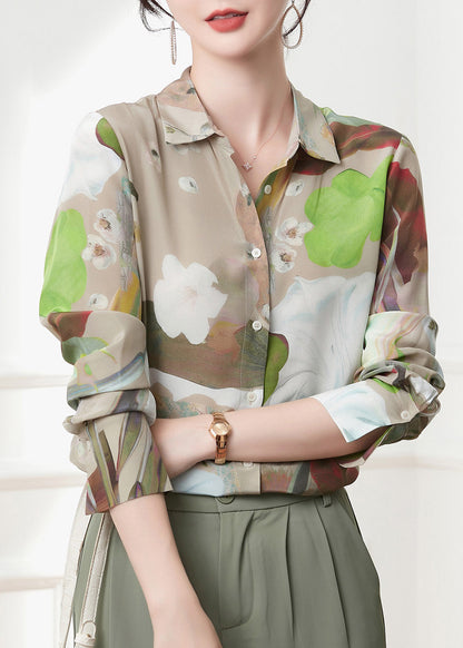 Peter Pan Collar Print Button Silk Shirts Spring