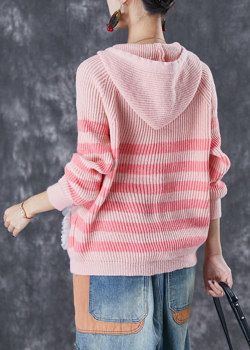 Pink Animal Embroidered Patchwork Knit Pullover Tops Fall