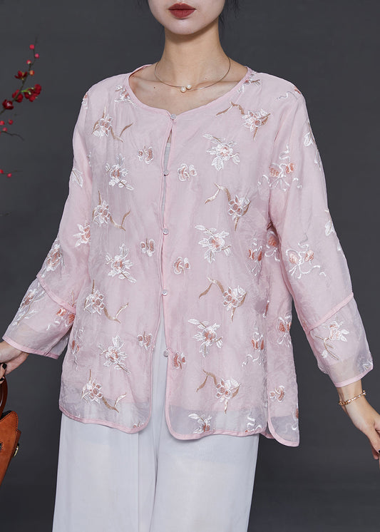 Pink Embroidered Organza Blouses Summer