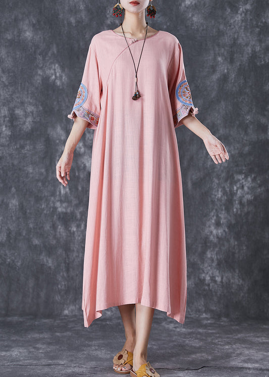 Pink Embroidered Linen a Line Dress Half Sleeve