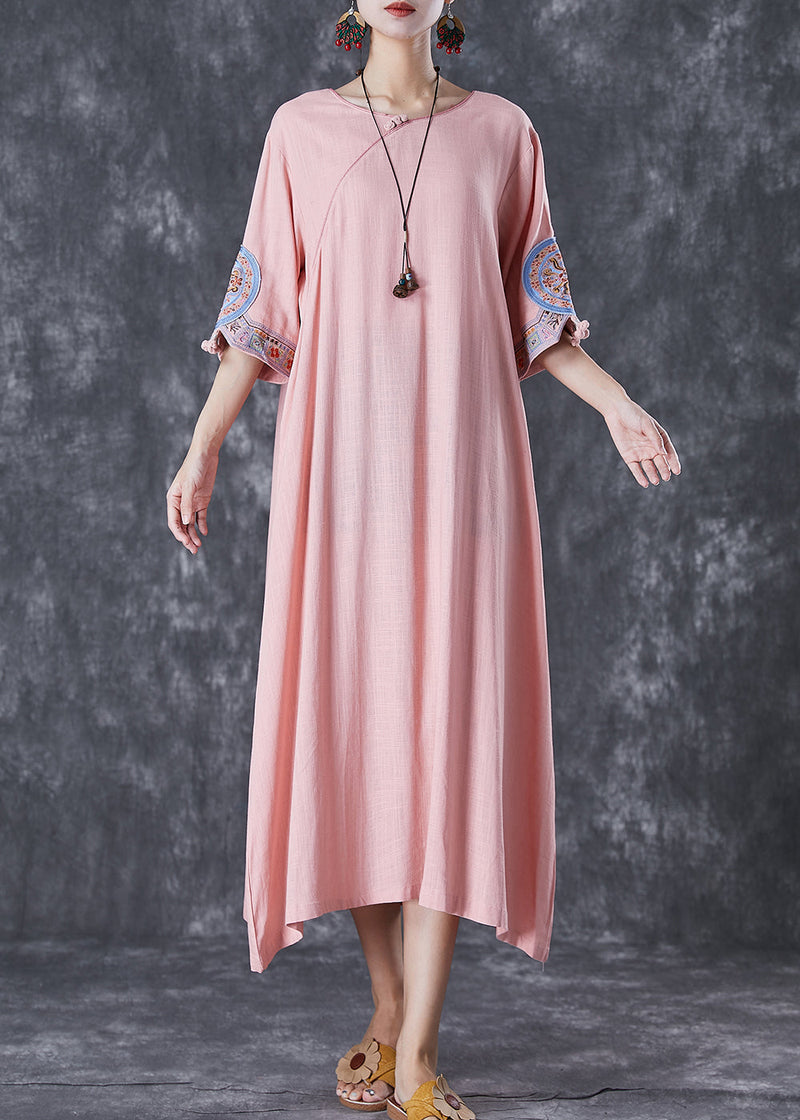 Pink Embroidered Linen a Line Dress Half Sleeve
