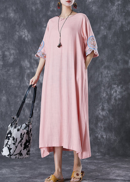 Pink Embroidered Linen a Line Dress Half Sleeve
