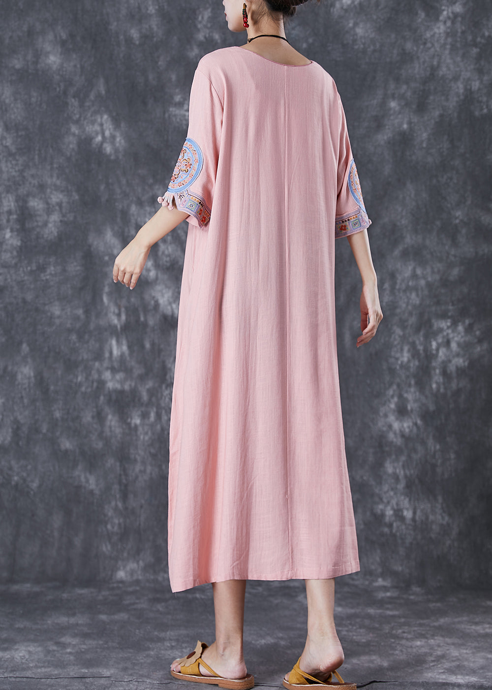 Pink Embroidered Linen a Line Dress Half Sleeve